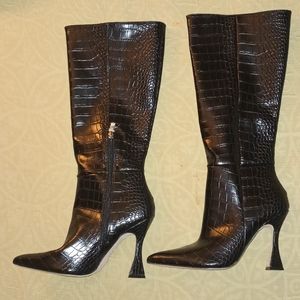 Fashion Nova Glossy Black Croc Heeled Boots